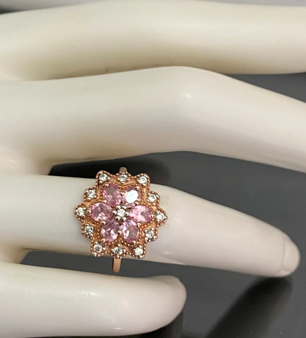 9ct Rose Gold Spinel & Natural White Zircon Floral Cluster Ring Size L (US 5.75)