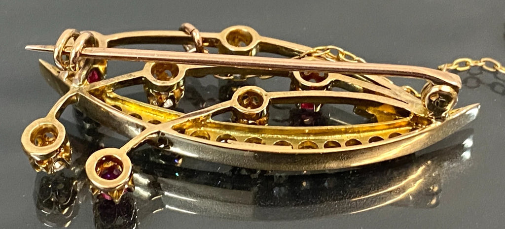 Victorian 15K Yellow Gold Ruby Diamond Crescent Moon Star Comet Brooch 41mm