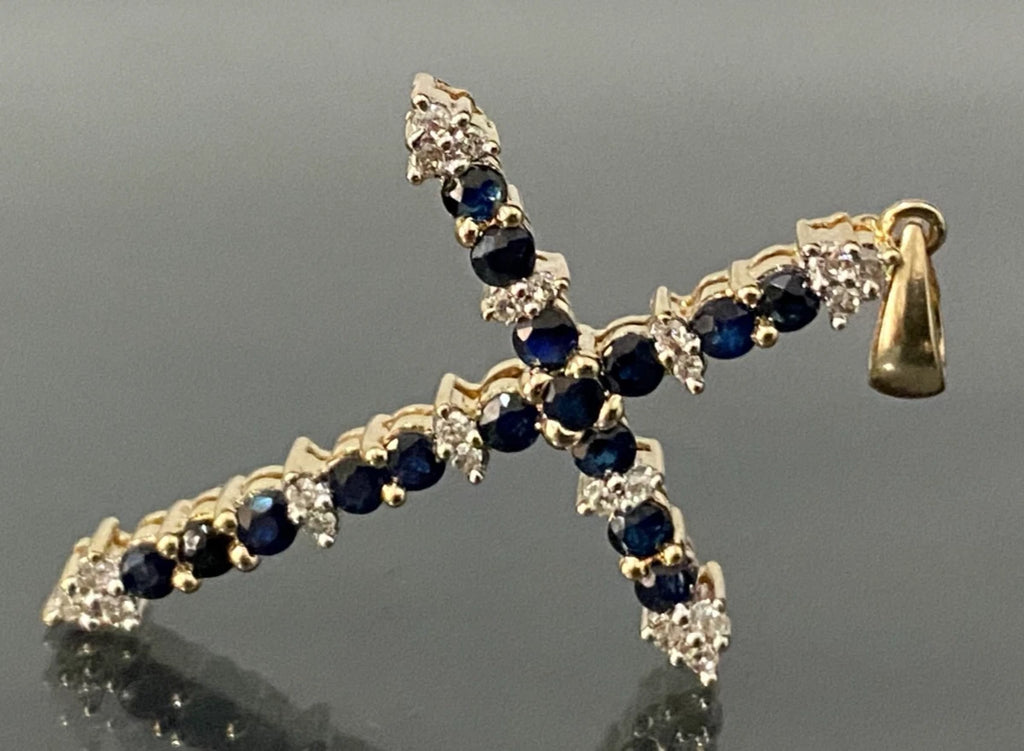 9K Yellow Gold W/ Sapphire & Diamond Cross Pendant 36mm High