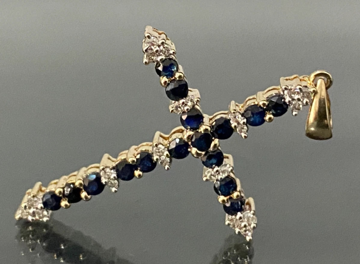 9K Yellow Gold W/ Sapphire & Diamond Cross Pendant 36mm High