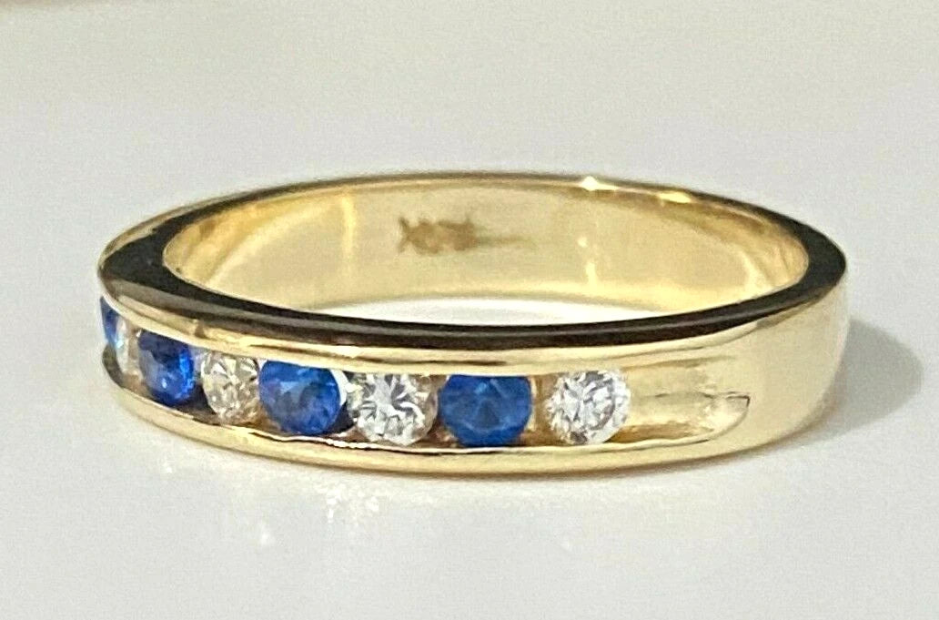 14K Yellow Gold W/ Blue & White CZ Channel Band Ring size M 1/2 - 6 1/4