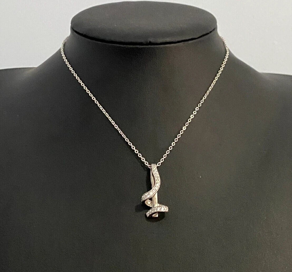 9K White Gold & Cubic Zirconia Swirl Bar Pendant