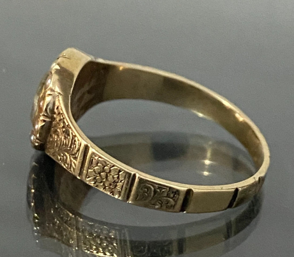 1850's 15K Yellow Gold Seed Pearl Memorial Engraved Ring Size R 1/2 - 9 1/8