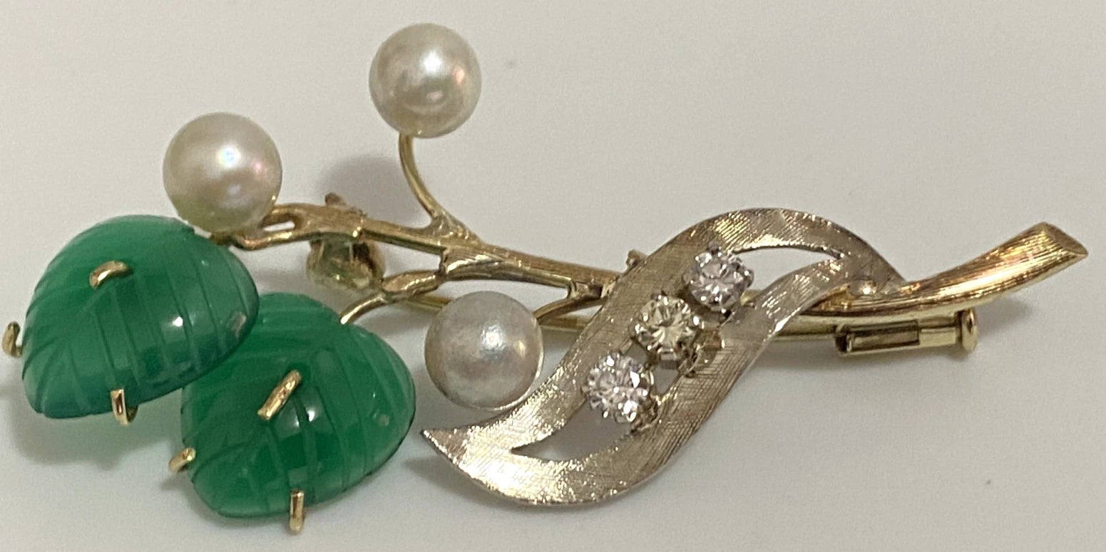 Vintage 14K Yellow Gold Chalcedony leaves Pearl Diamond Brooch 50cm Long