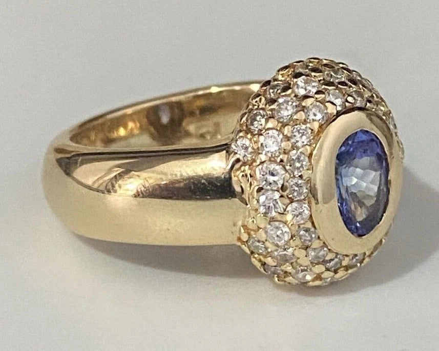 Heavy 14K Yellow Gold W/ Tanzanite & 0.60CT Diamond Ring Size K 1/2 - 5 3/8