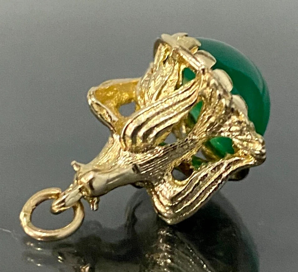 Vintage 9K Yellow Gold & Chrysoprase Love Birds Charm Seal Fob Pendant