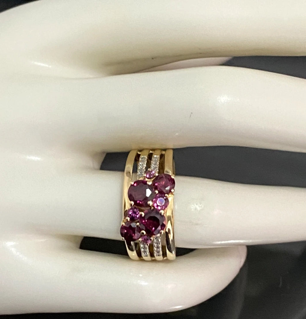 9K Yellow Gold Rhodolite & Diamond Multi-Row Split Shank Ring Size Q 1/2 (US 8.5
