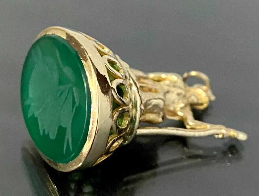 9K Yellow Gold W/ Chrysoprase Intaglio Britannia Charm Seal Fob Pendant