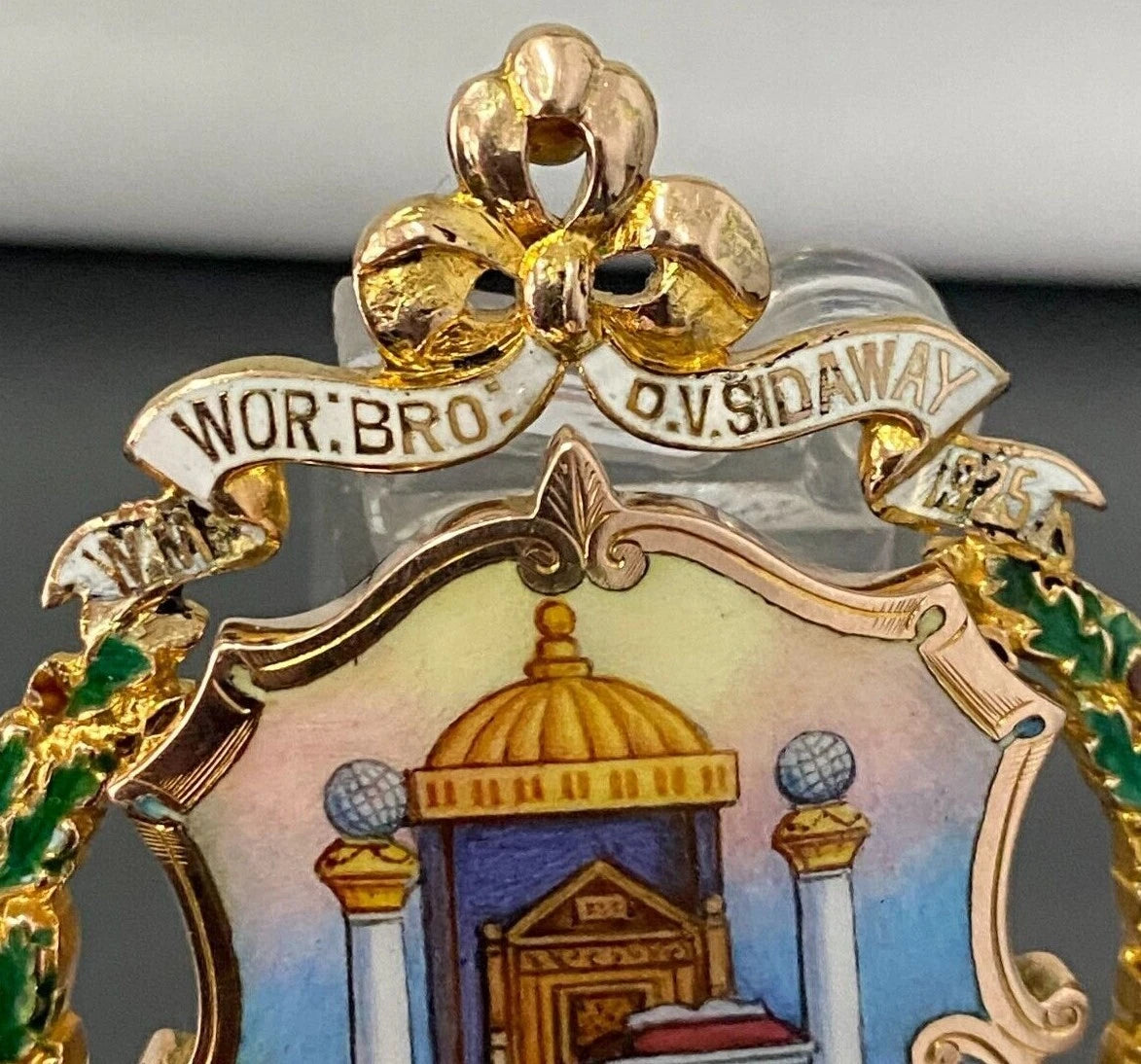 Rare Antique 9K Gold Hand Painted Shield Masonic Medallion Pendant C1925