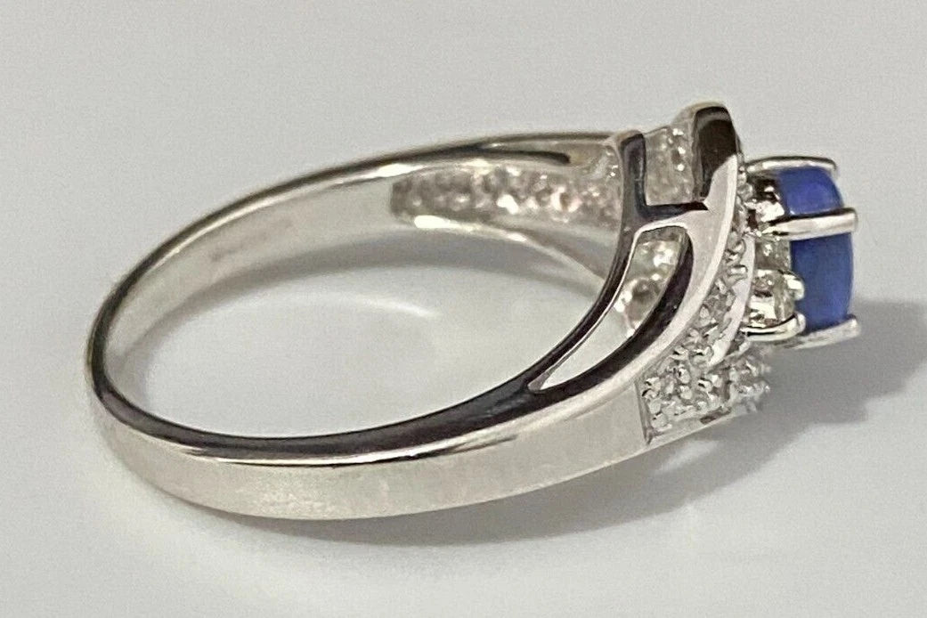 9K White Gold W/ Opal & White Zircon Ring Size N - 6 1/2