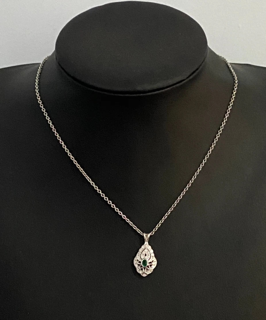 18K White Gold With Emerald & 0.20CT Diamond Pendant