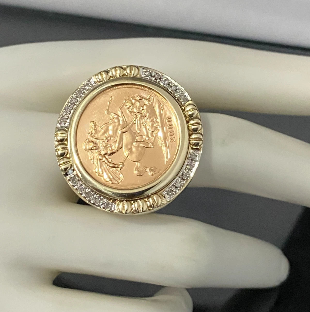 22K Gold Full Sovereign Coin W/ Diamond in 9K Gold Ring Size U - 10 1/2