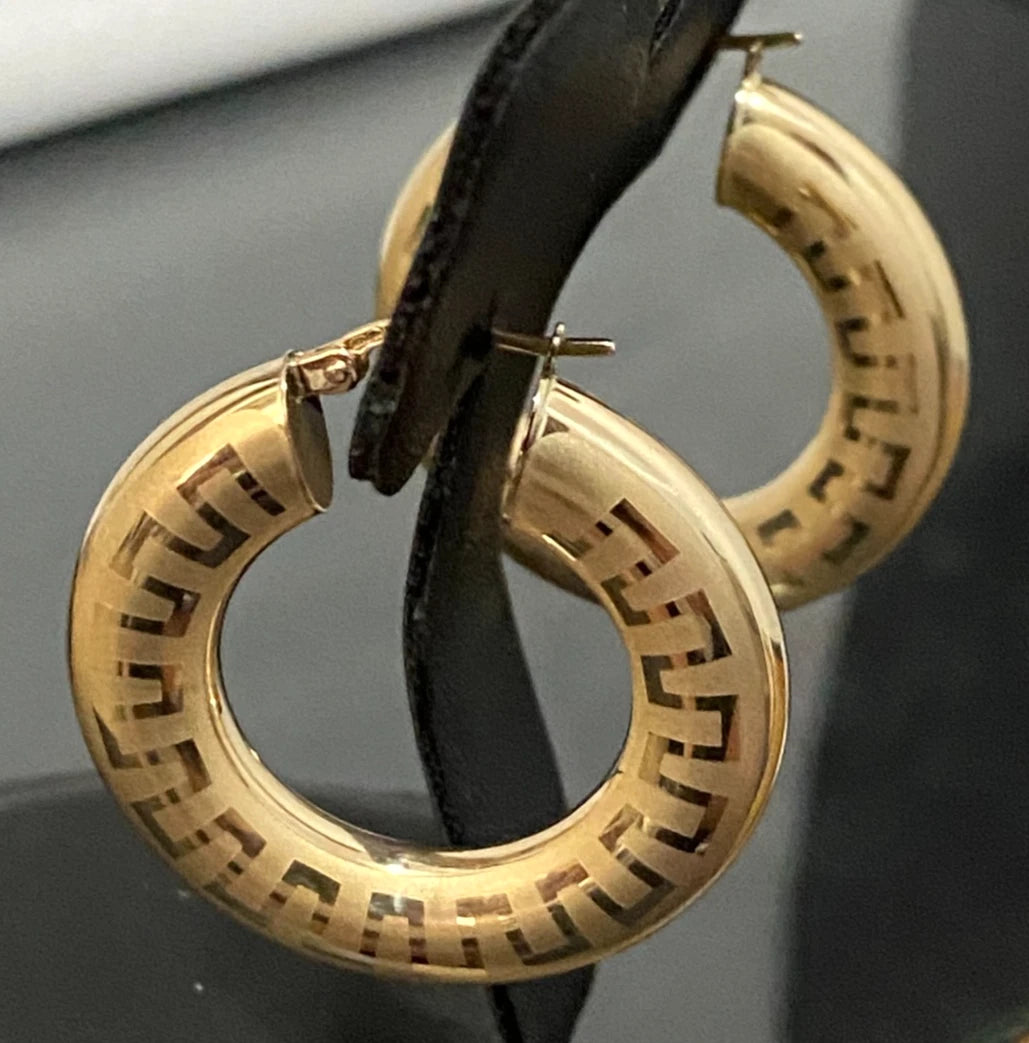 Italian 9K Yellow Gold Greek Key Pattern Hoop Earrings 33.50MM