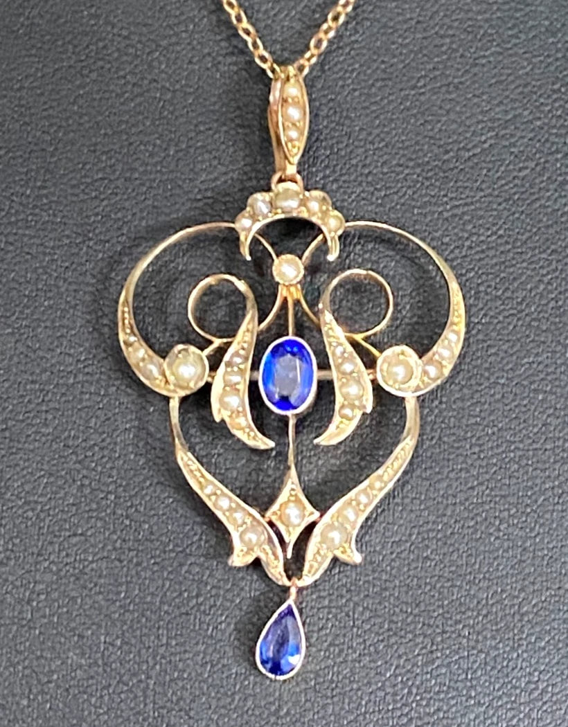 Antique 9ct Yellow Gold Garnet & Seed Pearl Drop Pendant Brooch – 54mm High