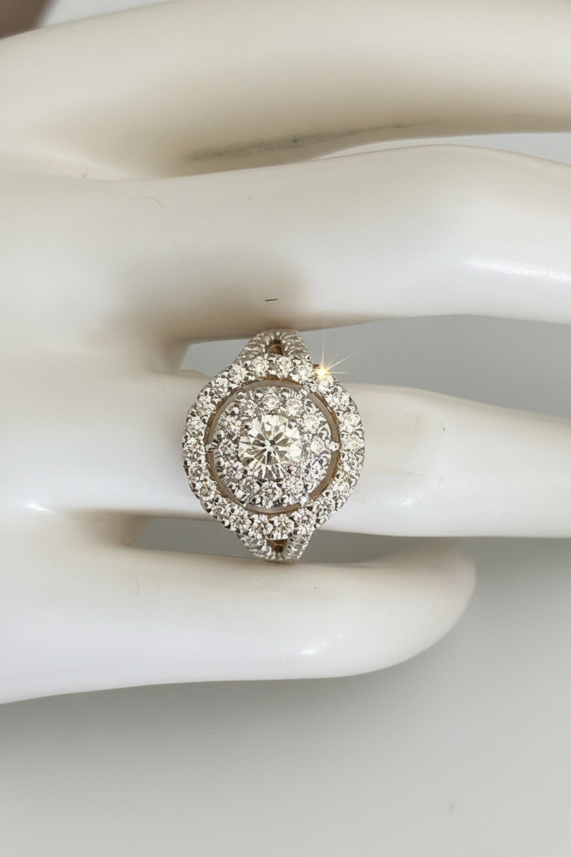18K Yellow Gold 1.75CT Diamond Double Halo Statement Ring - Size O 1/2 (US 7.5)