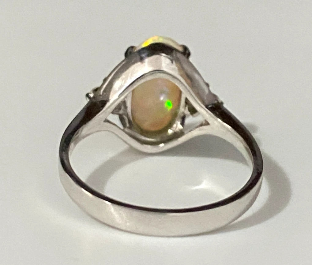 14K White Gold With Opal & Diamond Ring Size N - 6 3/4