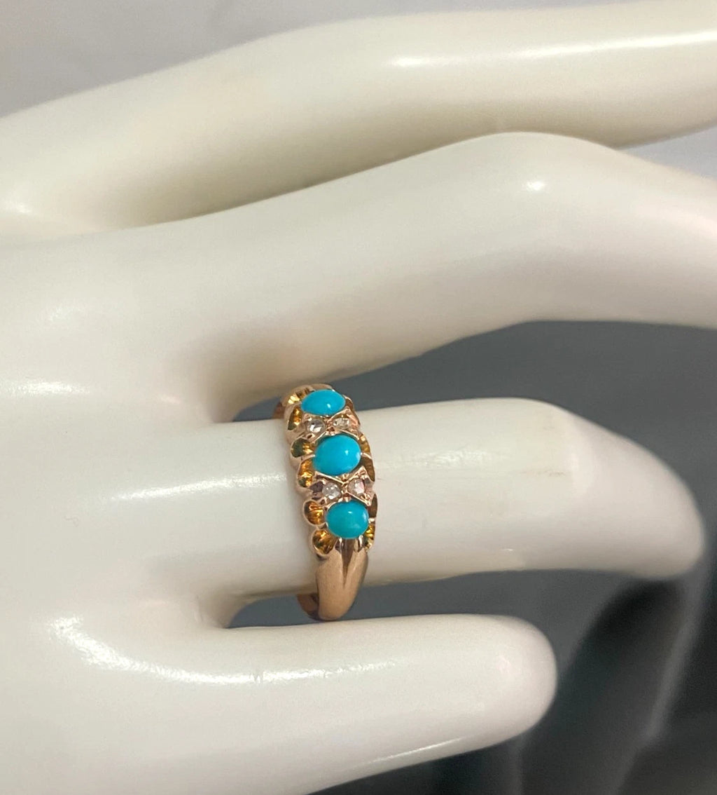 Antique 18K Rose Gold W/ Turquoise & Diamond Ring C1898 Size N (US 6.75)