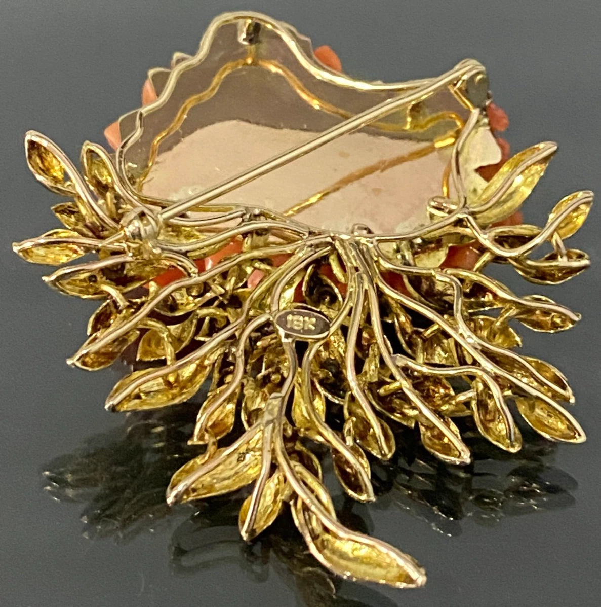 Art Deco 18K Yellow Gold & Carved Coral Brooch 57mm High