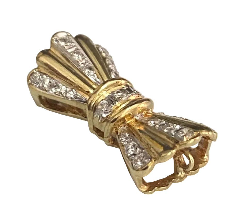 Vintage 18ct Yellow Gold Diamond Set Ribbon Bow-Shaped Necklace & Chain Clasp