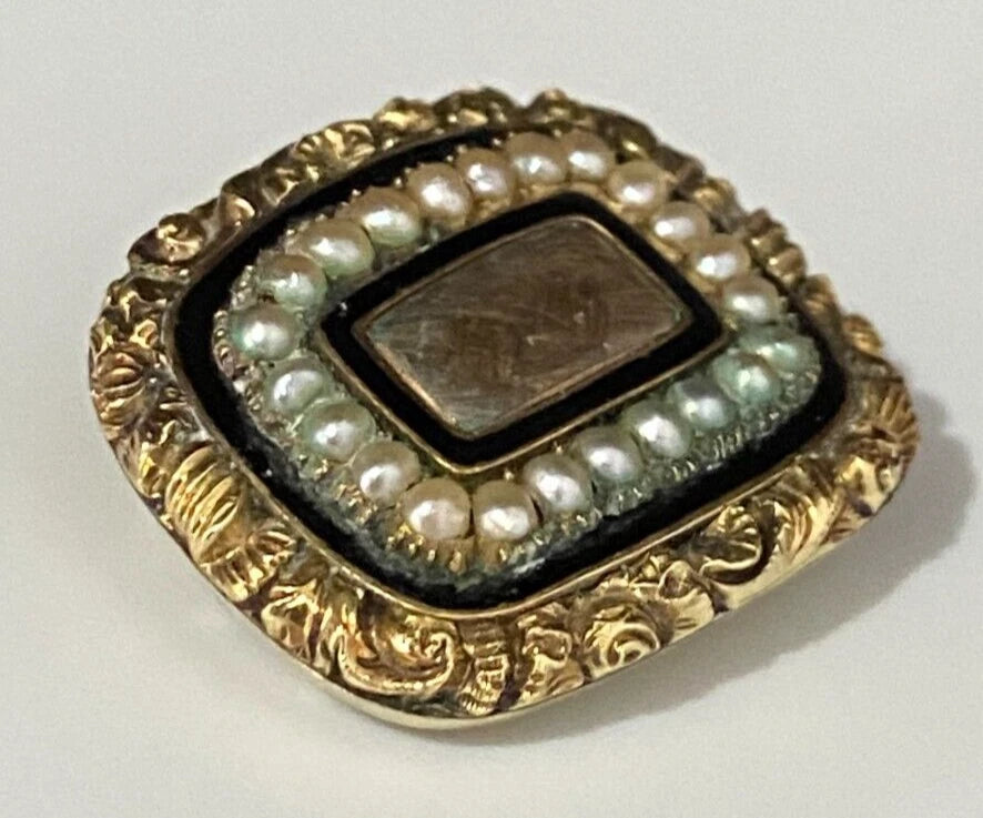 GEORGIAN 15K Gold Pearl & Woven Hairwork Enamel Memorial Brooch DATED 1822