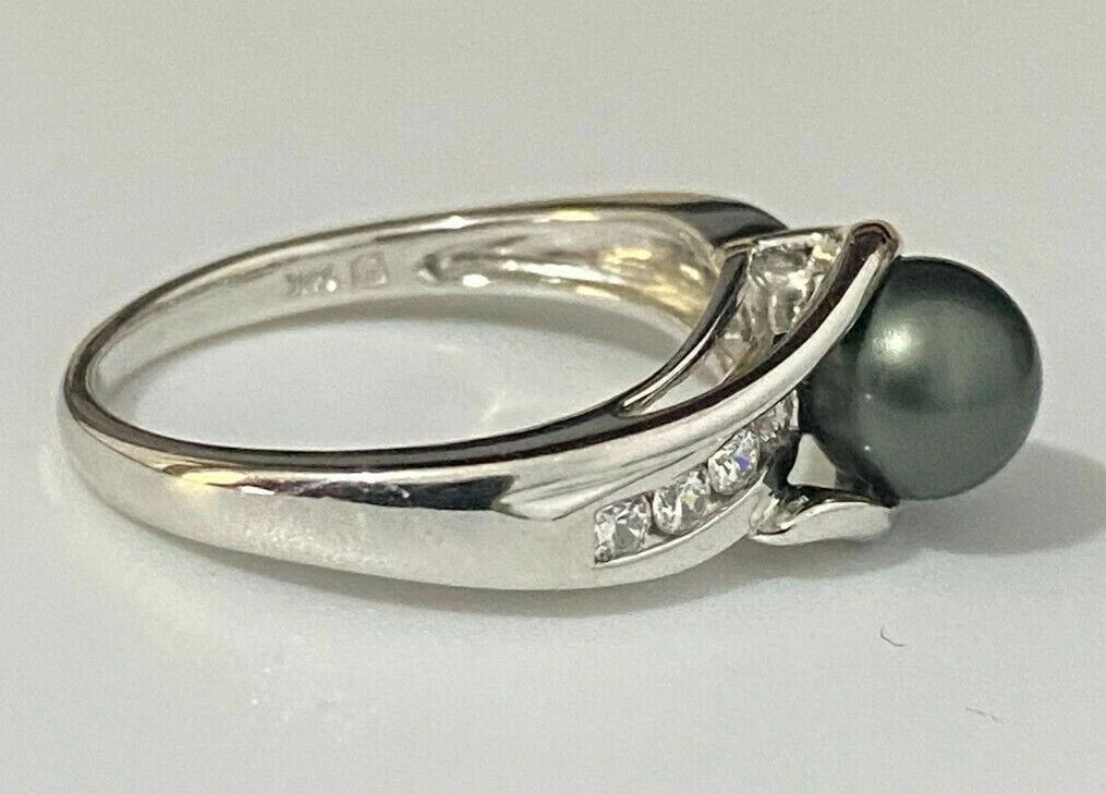 14K White Gold W/ Black Pearl & CZ Stones Ring Size O 1/2 - 7 1/4
