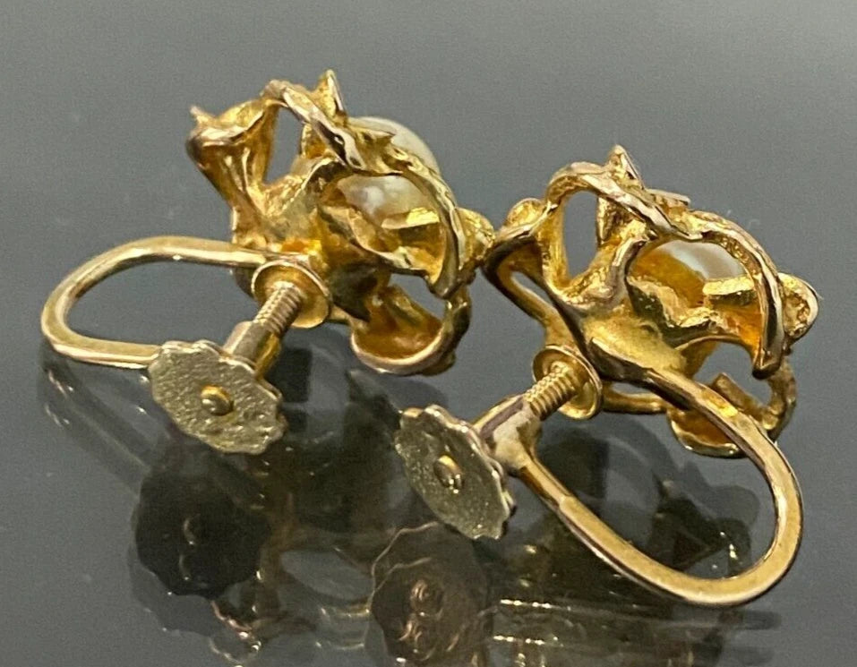 9K Yellow Gold & White Pearl Screw Back Earrings for Non-Pierced
