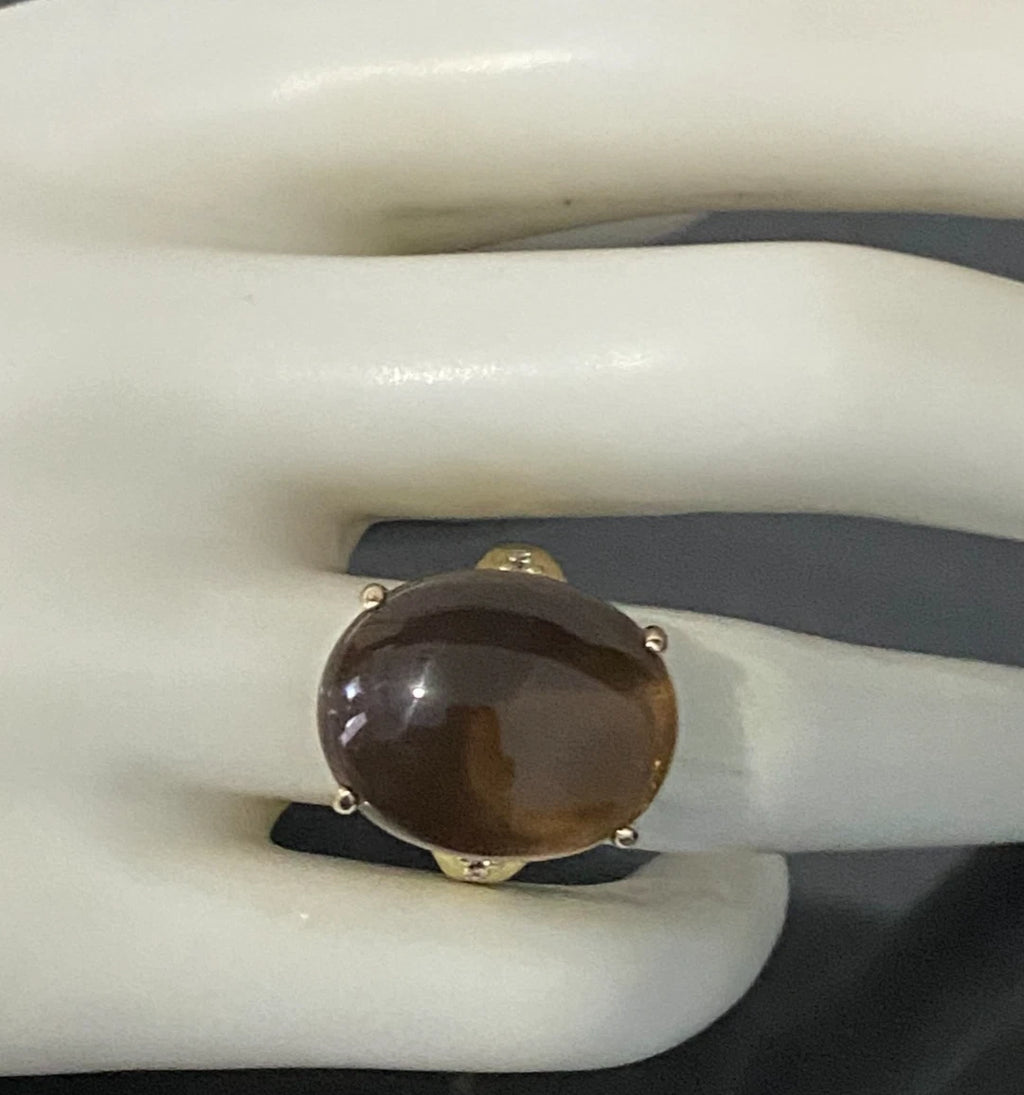 10CT Yellow Gold W/ Cabochon Smoky Quartz & Diamond Ring Size M - 6 1/4