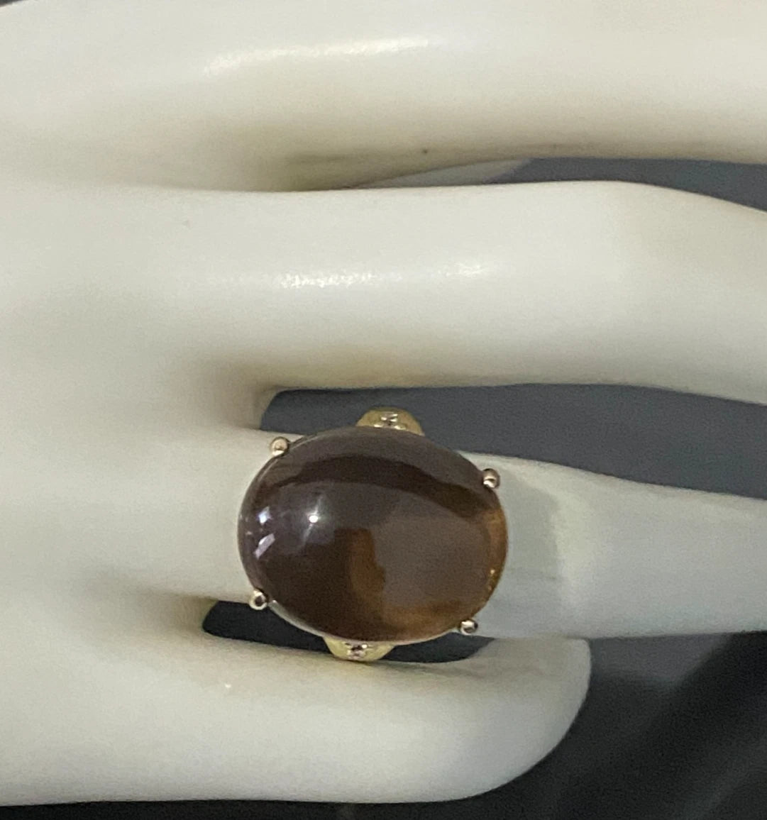 10CT Yellow Gold W/ Cabochon Smoky Quartz & Diamond Ring Size M - 6 1/4