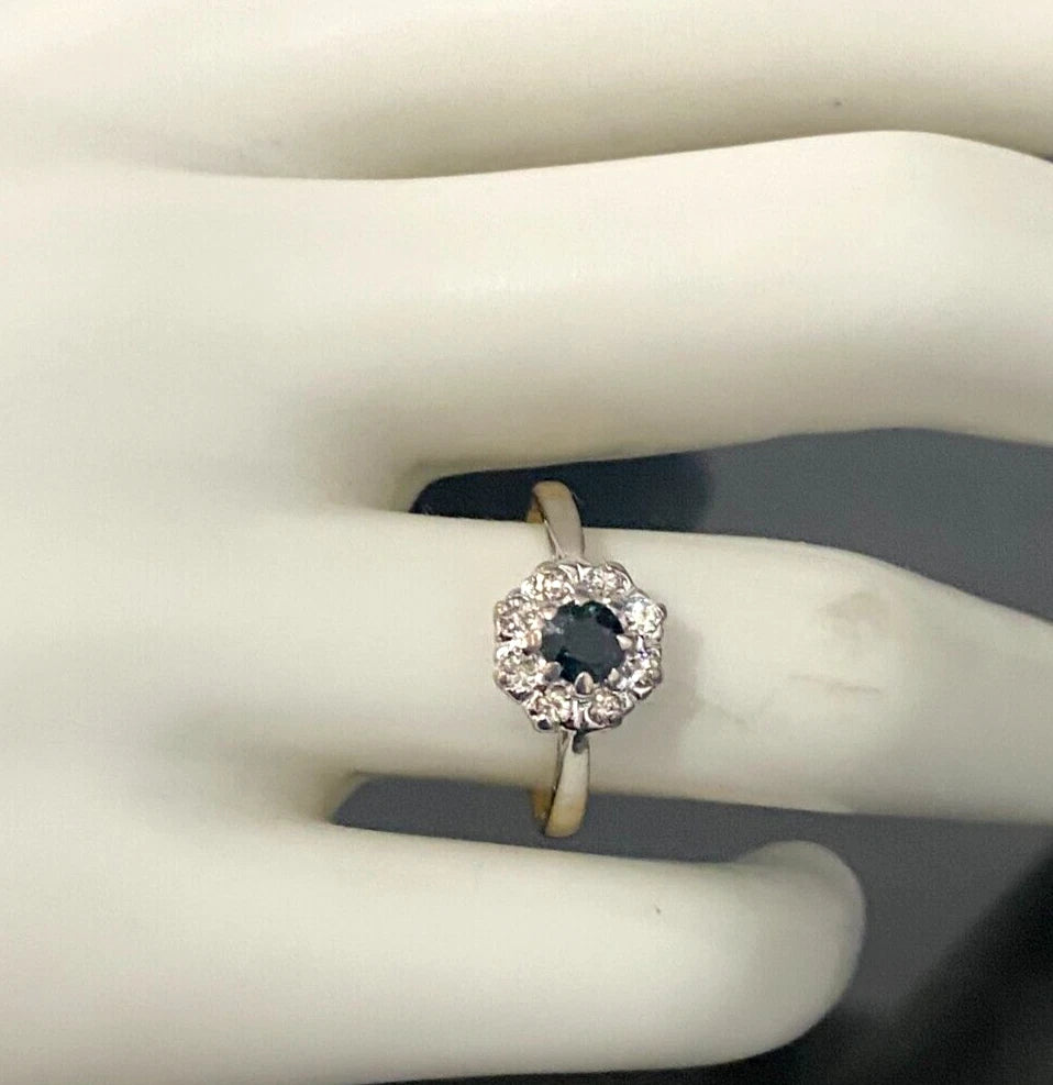 18K Yellow Gold W/ Sapphire & Diamond Cluster Ring Size M 1/2 - 6 1/4