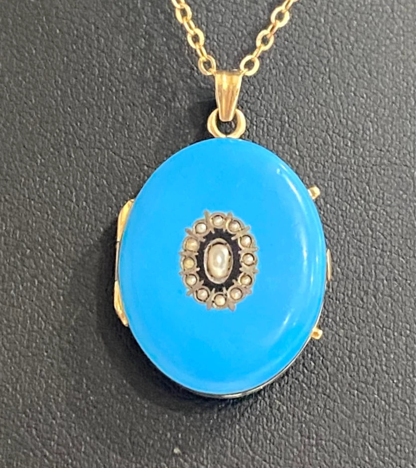 Victorian 9K Yellow Gold Pearl & Blue Enamel Photo Locket Pendant 32mm High