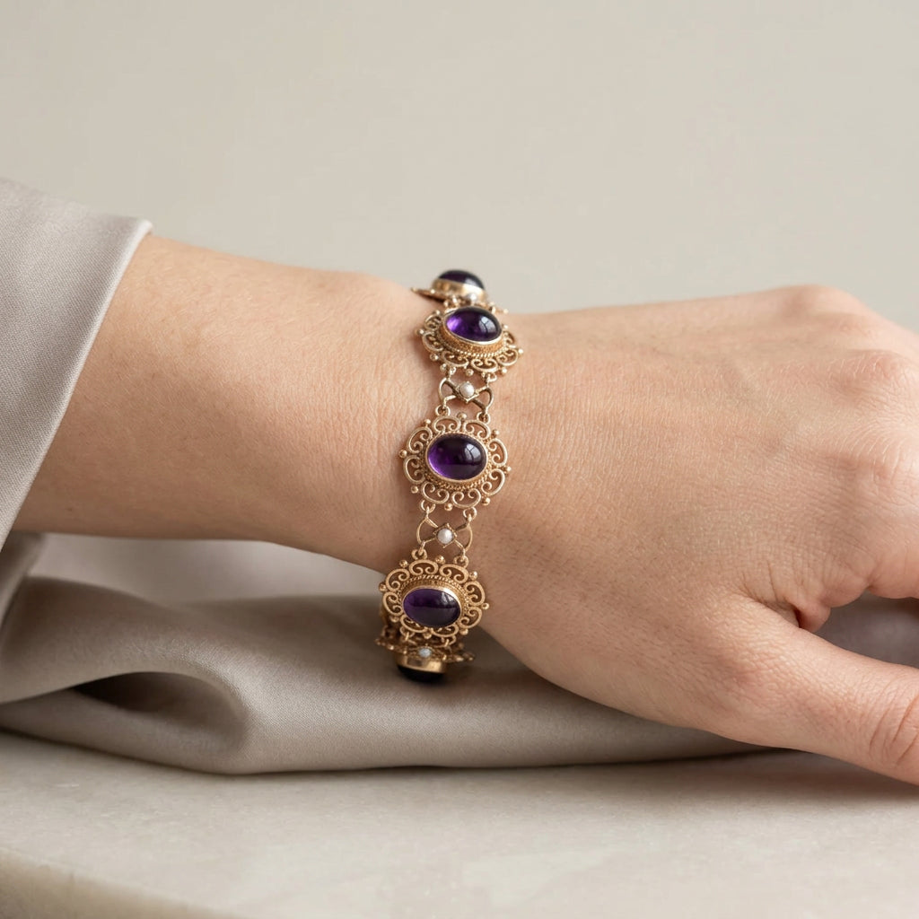 1970's 9K Yellow Gold Amethyst & Pearls Open Scrollwork Bracelet - Vintage Jewellery