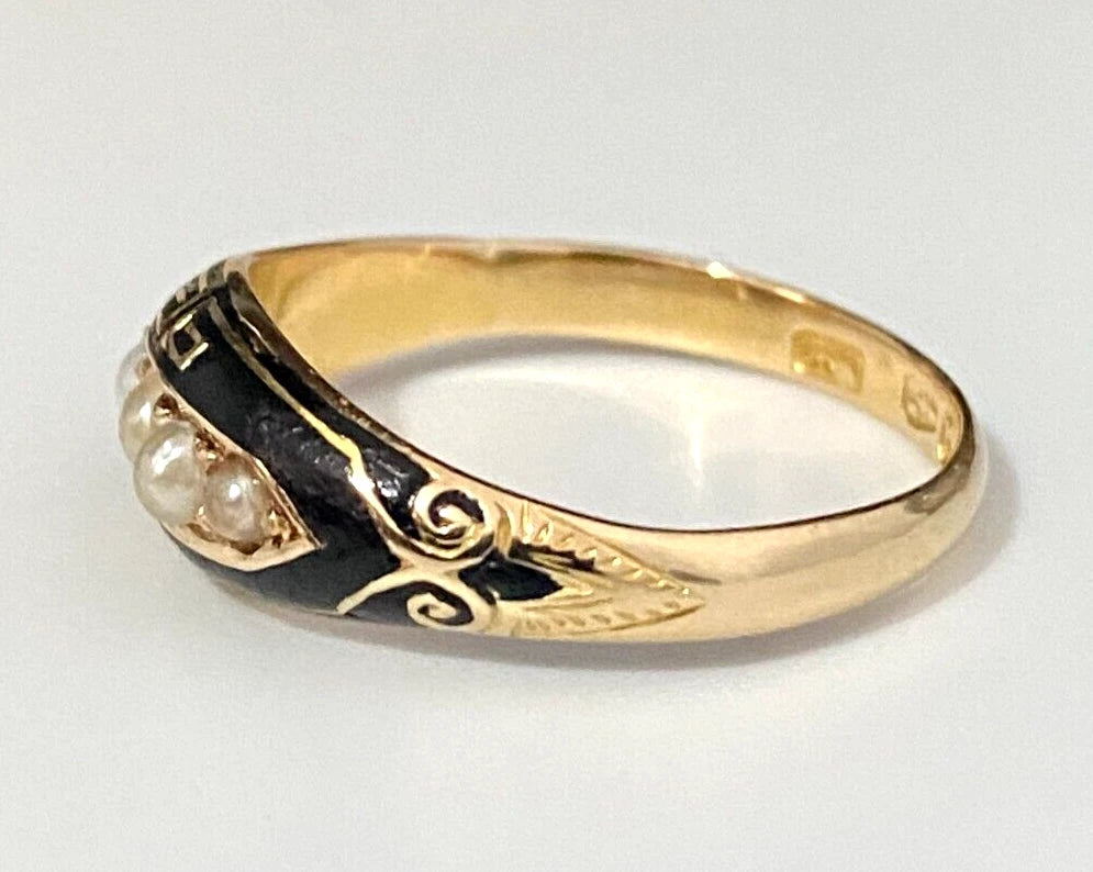 Victorian 15K Yellow Gold W/ Pearl Enamel Ring C1881 Size P 1/2 - 7 3/4