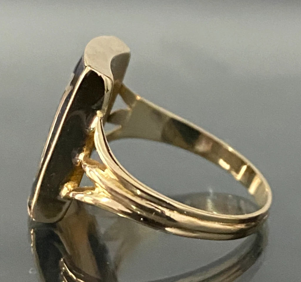 Antique 9K Yellow Gold & Onyx " J " Letter Initial Ring Size P - 7 3/4