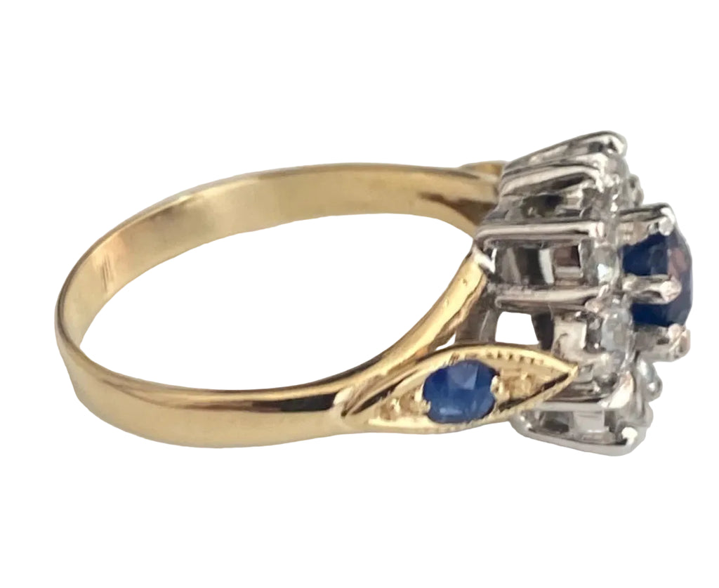 Vintage 18K Gold Sapphire & 0.90CT Old Cut Diamond Cluster Ring Size P (US 7.75)