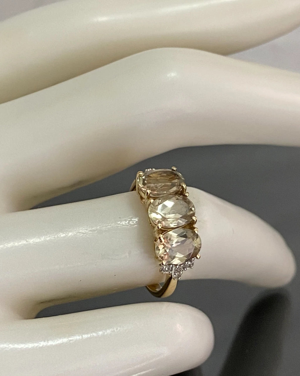 9ct Yellow Gold 2.57ct Csarite & Diamond Three Stone Ring - Size L (US 5.75)