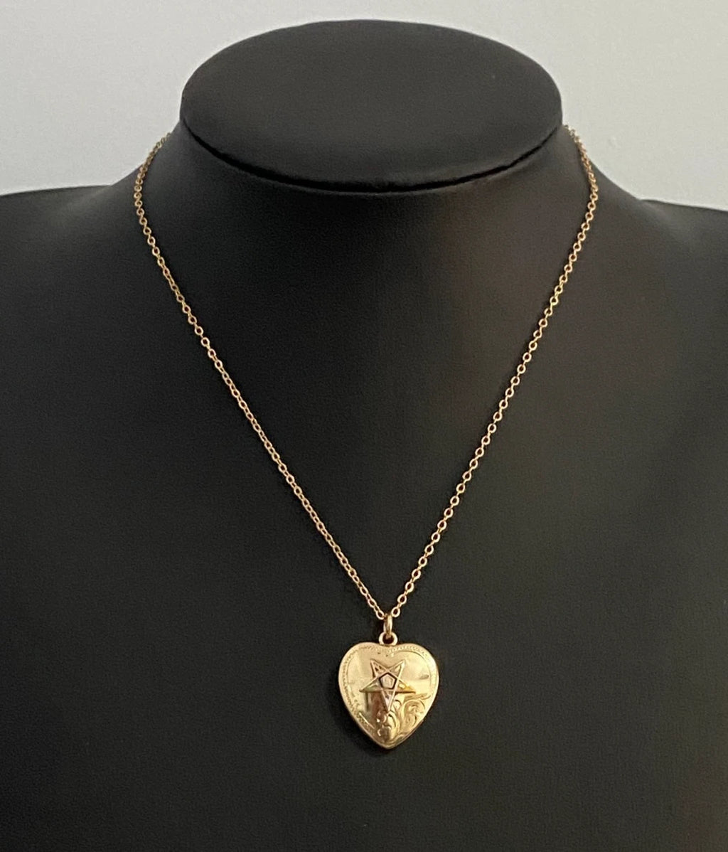 Antique 9K Yellow Gold Eastern Star Heart Locket Pendant