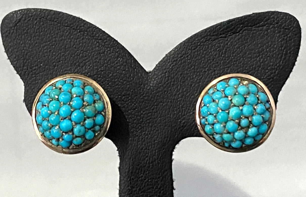 Art Nouveau 14K Yellow Gold & Turquoise Screw Back pavé Dome Earrings 16.0mm