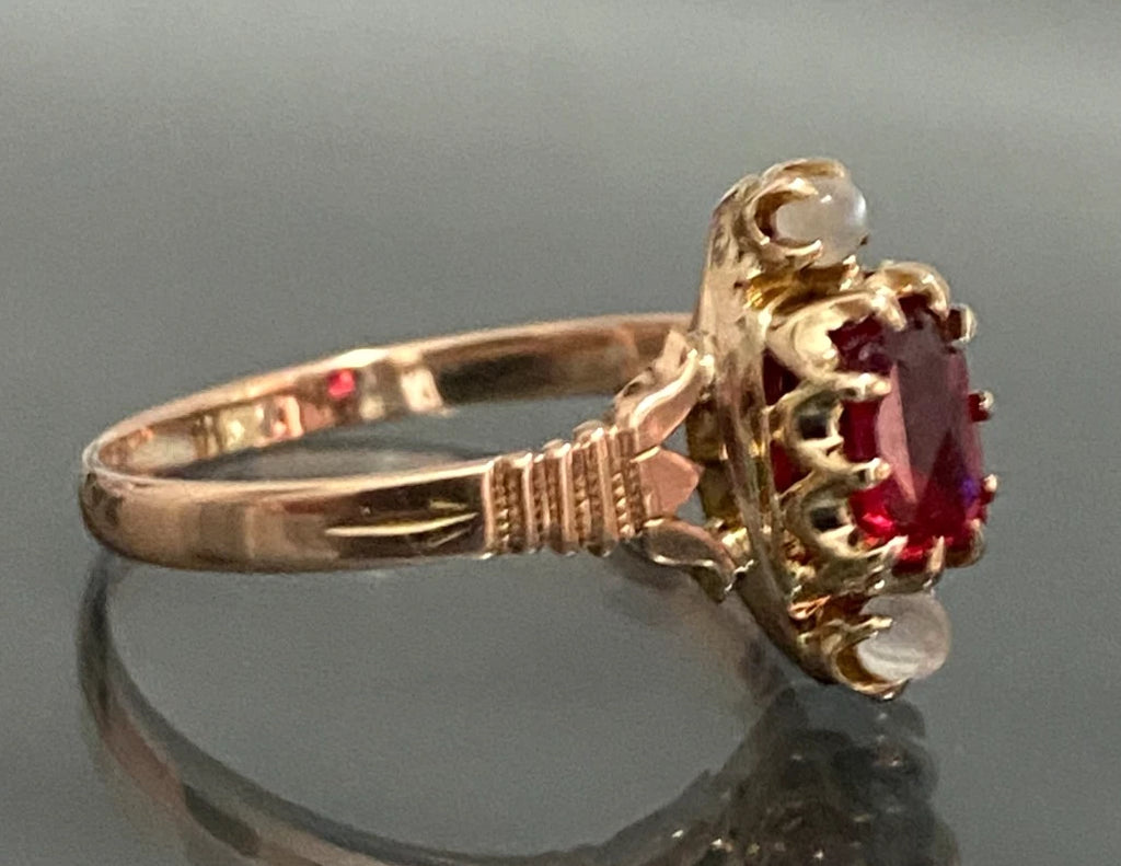 Antique 10K Rose Gold Red Paste Moonstone Ring Size P (US 7.75)