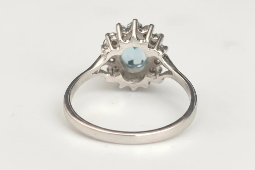 18K White Gold Aquamarine & Diamond Cluster Ring Size P 1/2 (US 8)