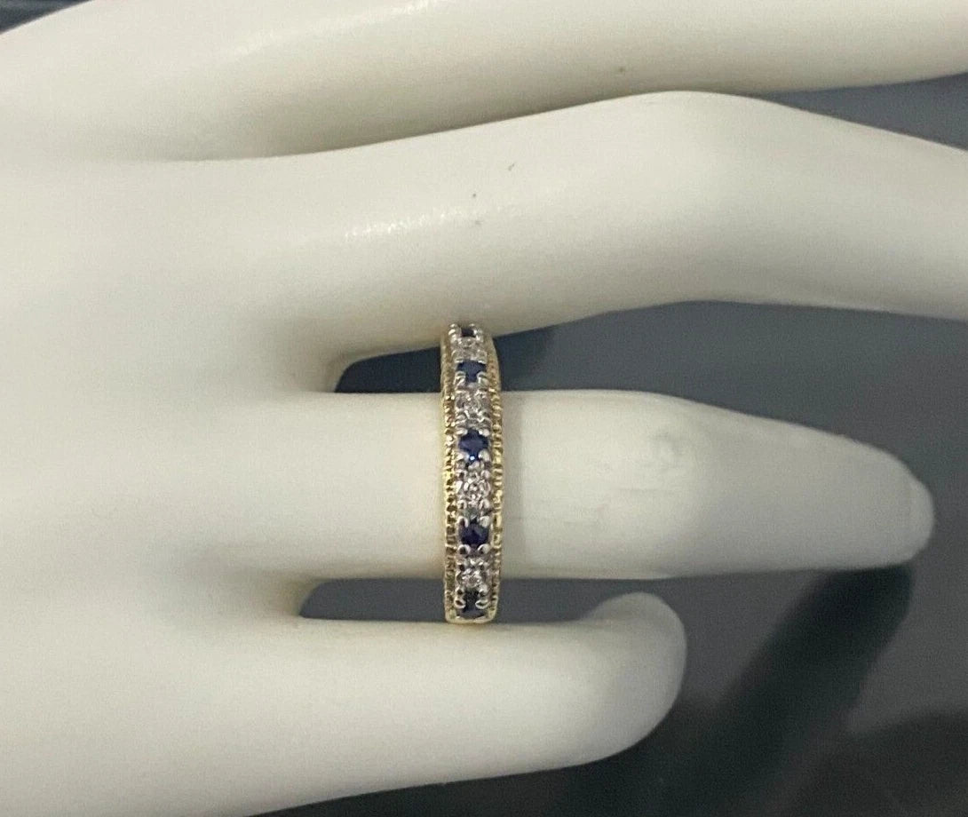 18K Yellow Gold W/ Sapphire & Diamond Eternity Band Ring Size N - 6 1/2