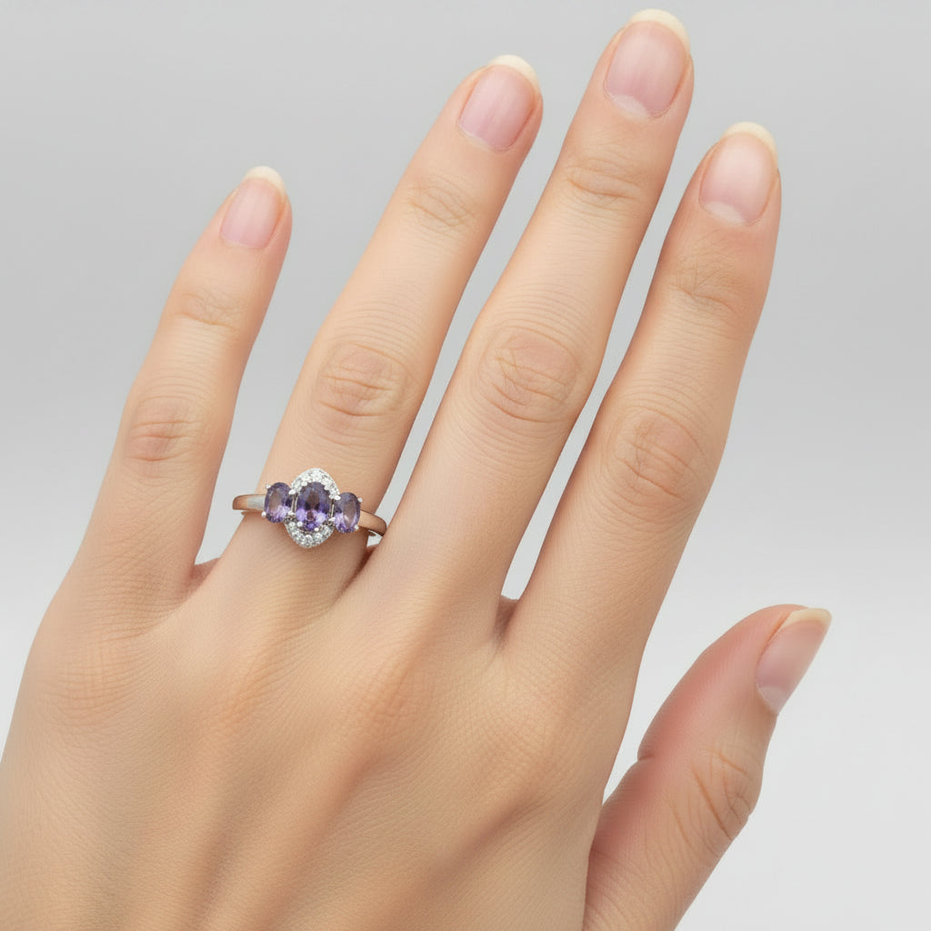 10K White Gold W/ Spinel & Natural Zircon Three Stone Ring - Size R (US 8.75)