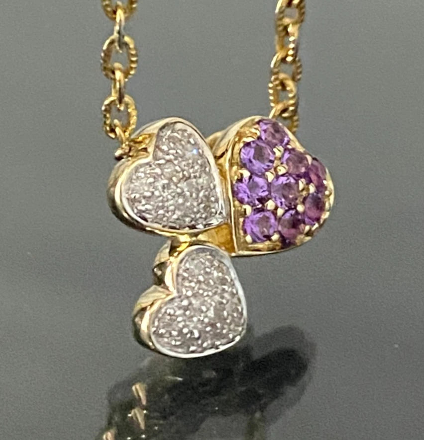 14K Yellow Gold W/ Amethyst & Diamond Triple Heart Pendant