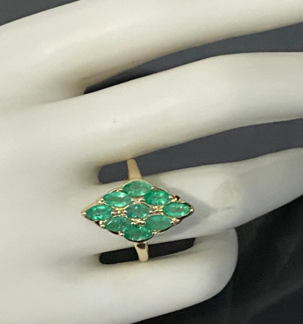 9K Yellow Gold & 1.10CT Marquise Emerald Cluster Ring Size Q - 8 1/4