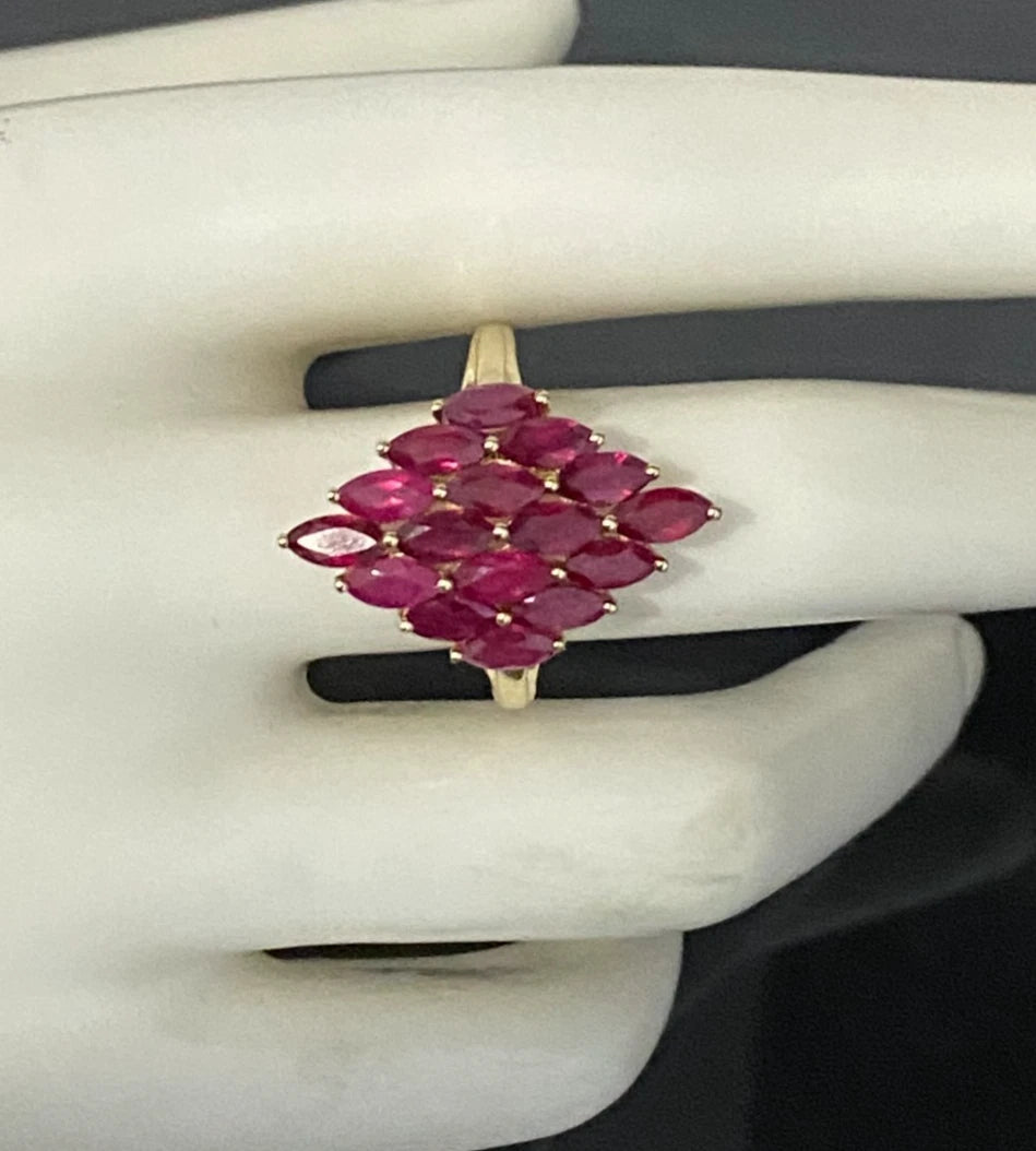 9K Yellow Gold & 2.20CT Marquise Ruby Cluster Ring Size R - 8 3/4