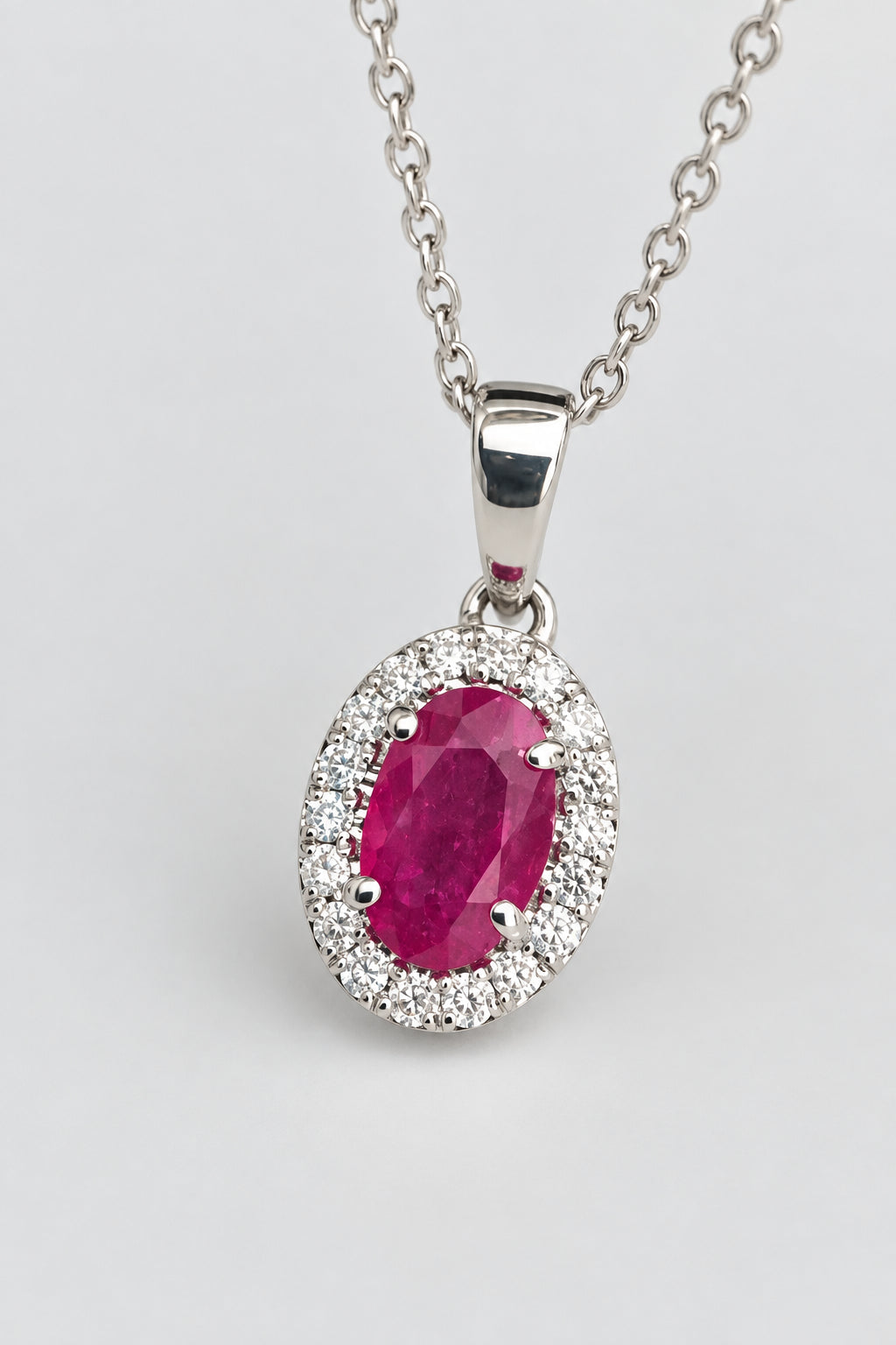 18K White Gold W/ Ruby & Diamond Halo Pendant