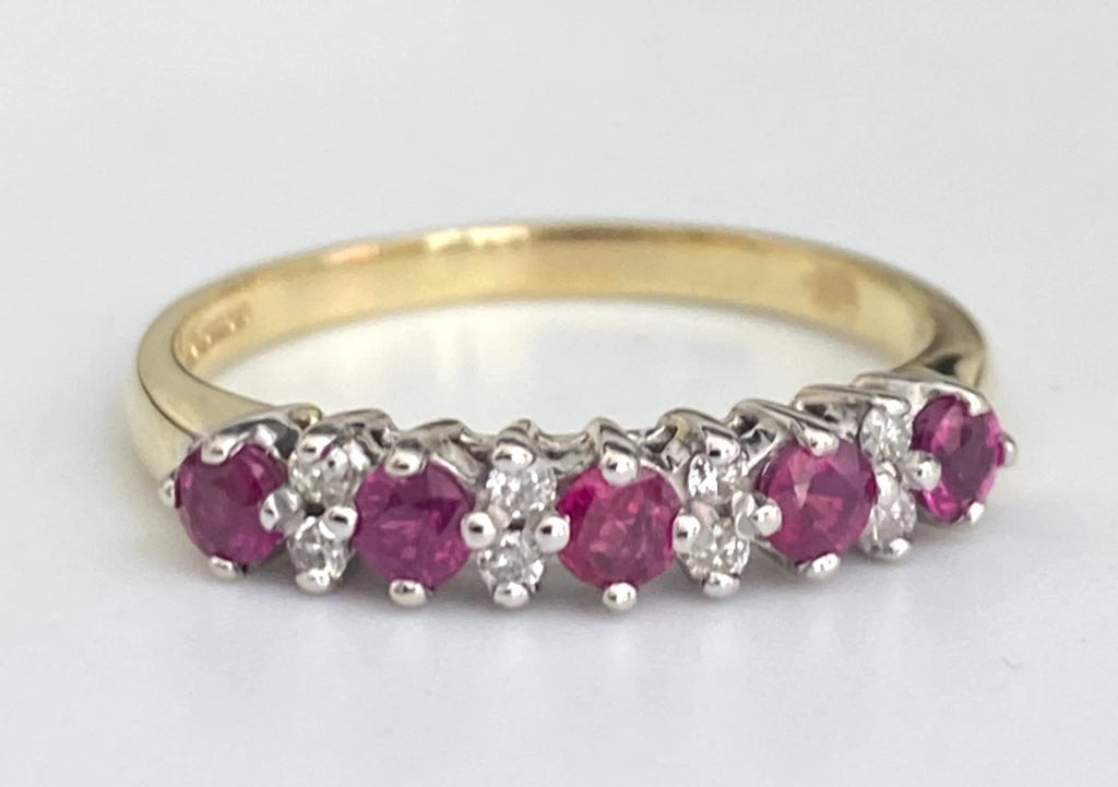 18ct Yellow Gold Ruby Diamond Half Eternity Anniversary Ring – Size R (US 8.75)