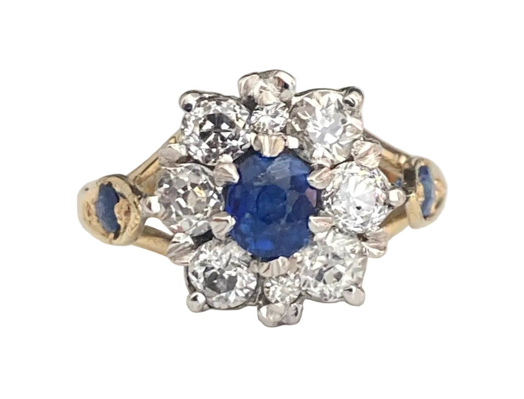 Vintage 18K Gold Sapphire & 0.90CT Old Cut Diamond Cluster Ring Size P (US 7.75)
