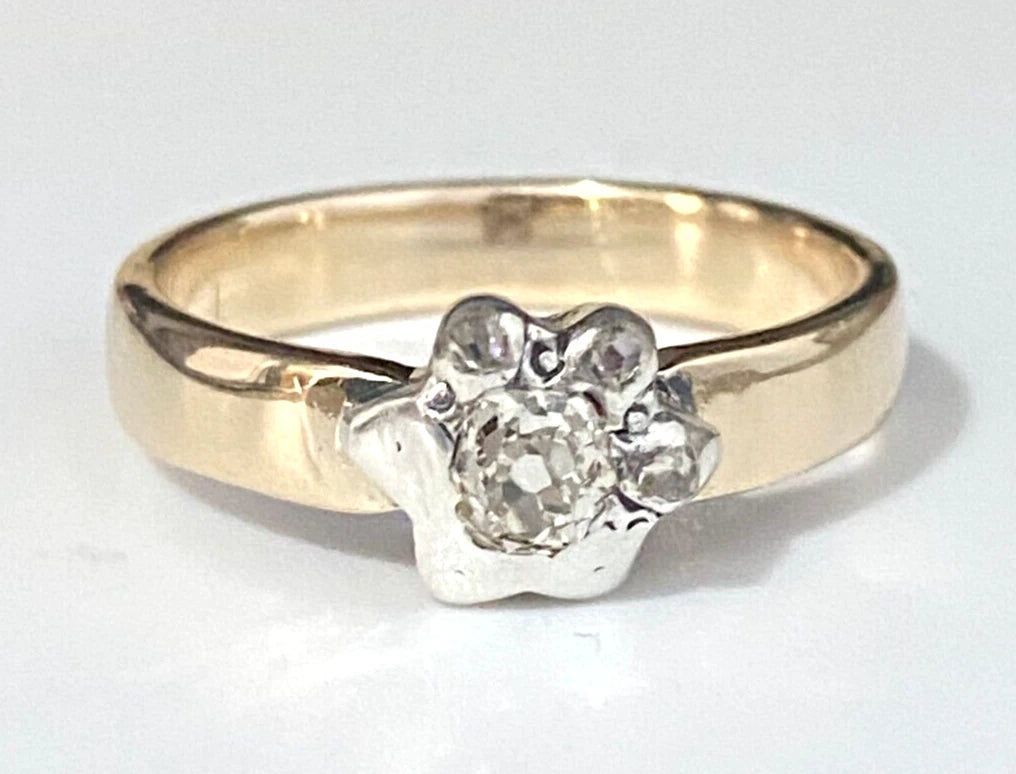 Victorian 14K Yellow Gold & Old Cut Diamond Ring Size N - 6 1/2