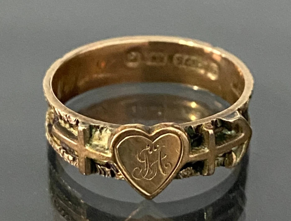 Victorian 9K gold Faith Hope & Charity Woven Hair 'JA' Initial Ring C1879