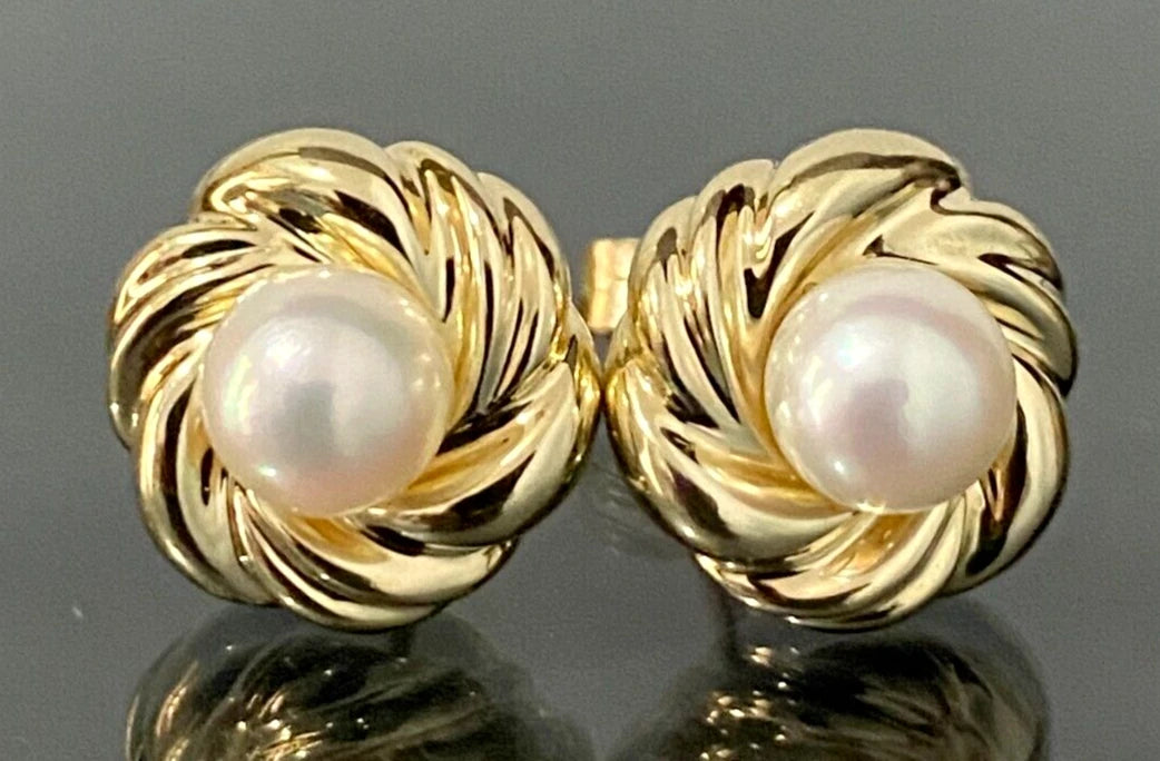 9K Yellow Gold & White Pearl Stud Earrings 12.85mm